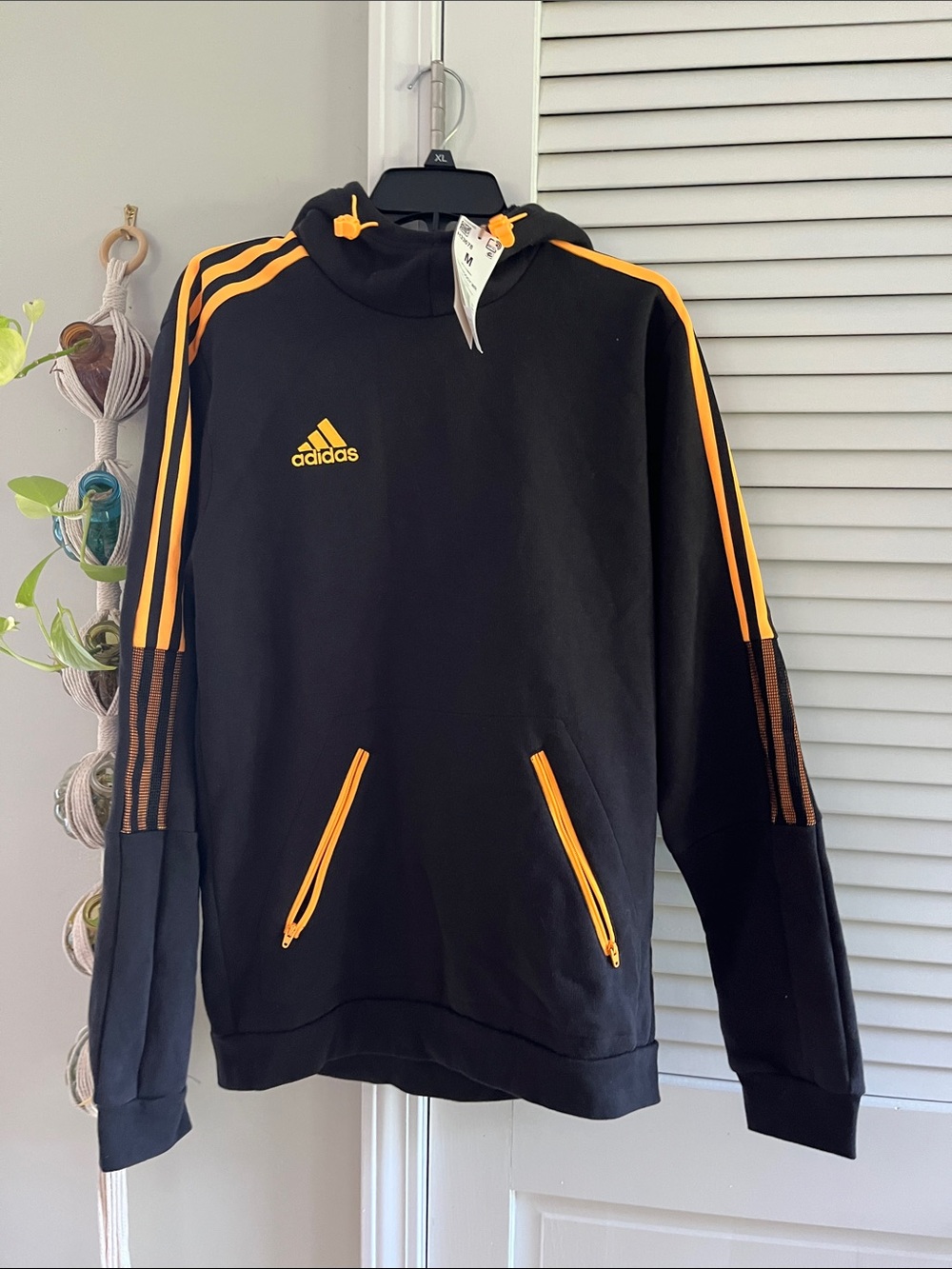 adidas Black Hoodie with Neon Orange Stripe Accents